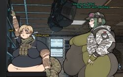 bbw belly_on_table ben03020 big_breasts blue_eyes bodysuit comic covered_nipples ela_(rainbow_six) english_text facepaint fat freckles fupa green_hair hi_res huff huge_breasts morbidly_obese morbidly_obese_female obese rainbow_six rainbow_six_siege reaching_for_object sagging_breasts sneer ssbbw sweatdrop tactical_gear tagme tattoo tattooed_arm text valkyrie_(rainbow_six)