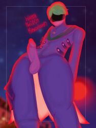 1boy argos balls blue_clothing clothed cock english_text erection felix_graham green_hair ibispaintx littlelilith male miraculous:_tales_of_ladybug_and_cat_noir miraculous_ladybug penis red_light smile solo violet_skin