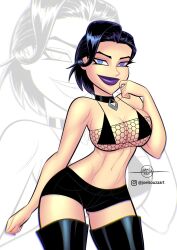 1female 1girls bikini_top black_hair blue_eyes breasts choker clothed clothed_female collar female fishnets fit_female full_lips goth goth_girl joelsouzaart large_breasts large_lips lips millennia_gotthard millennium4ever purple_lipstick short_shorts slim_waist solo solo_female the_gotthards thigh_boots