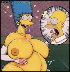 1boy 1girls alternate_breast_size armwear belly big_belly big_breasts blue_hair breasts cydlock drooling elbow_gloves female gloves homer_simpson implied_cheating implied_incest large_breasts large_nipples lipstick male marge_simpson navel_line necklace open_mouth outie_navel permanent pregnant ready_to_pop ring surprised tagme teeth the_simpsons wet white_armwear white_gloves yellow_body