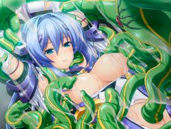 absorbgil armpits arms_up blue_eyes blue_hair blush bodysuit breast_sucking breasts chest_jewel clenched_teeth crack dutch_angle elbow_gloves exs-tia exs-tia_(exs-tia_3) female game_cg gloves hair_intakes hair_ornament headgear imminent_rape inoino katsuragi_marina kouyoku_senki_exs-tia large_breasts large_variant_set leotard long_hair monster nipple_stimulation nipple_tweak nipples non-web_source official_art rape restrained shiny_skin slime_(substance) solo teeth tentacle torn_clothes torn_gloves torn_leotard upper_body variant_set white_gloves