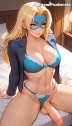 1futa 2026 ai_assisted ai_generated anime aqua_lingerie artist_name bed bed_sheet bedroom blonde_blazer blonde_hair blue_bra blue_eyes blue_panties bra breasts bust cleavage cock dick dispatch_(game) earrings erection explicit foreskin futanari g-string hi_res high_quality high_resolution highres jacket jewelry lingerie mask medium_breasts on_bed panties patreon patreon_username penis phimosis pillow sitting_on_bed stable_diffusion testicles thong tsukoneko uncensored underwear veins watermark