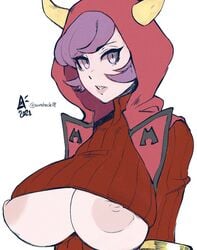 1girls 2020s 2021 alternate_breast_size areolae aurahack big_breasts breasts courtney_(pokemon) courtney_(pokemon_oras) female female_focus female_only hood huge_breasts large_breasts looking_at_viewer nintendo nipple_slip nipples pokemon pokemon_oras purple_eyes purple_hair tagme team_magma underboob