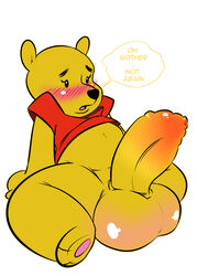 1boy anthro balls bear big_balls blush dialogue disney embarrassed english_text erection feet_pads foreskin girly huge_balls humanoid_penis hyper hyper_balls hyper_penis leaning leaning_back long_foreskin male male_only penis plushie slightly_chubby smooth_skin solo solo_male uncut unretracted_foreskin ursine white_crest winnie_the_pooh_(franchise)