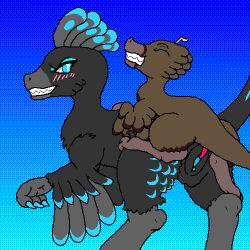 angry black_body black_feather_hair black_feathers blue_background blue_claws blue_vulva blush brown_body brown_feathers claws closed_eyes digital_media_(artwork) dinosaur dromaeosaurid duo erik_(therealmessyroomguy1) feathered_dinosaur feathered_scalie feathers female feral genitals gradient_background grey_body grey_feather_hair grey_feathers grin interspecies lumina_(therealmessyroomguy1) male male/female penetration penis pink_penis pixel_(artwork) prehistoric_species reptile saurischian saurornithoides scalie sex sickle_claw simple_background size_difference smile therealmessyroomguy1 theropod toe_claws vaginal_penetration vulva