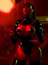 1girl annienudesart anninosart earrings female female_only hair_pulled_back handcuffs high_heels high_ponytail latex latex_clothing long_sleeves makeup original_character pierced_nose piercing ponytail red_background riding_crop shiny_clothes skindentation solo solo_female tagme tagme_(character) thigh_boots whip