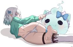 absurdres ahoge ass barefoot blue_eyes butt_crack female frilled_thighhighs frills gradient_hair green_hair green_sweater highres indie_virtual_youtuber long_sleeves looking_at_viewer looking_back lying median_furrow mint_fantome mole mole_on_ass multicolored_hair no_pants short_hair side-tie_panties simple_background single_thighhigh soles solo strap_pull sweater thigh_strap thighhighs toes two_side_up underwear untied_panties virtual_youtuber wavy_hair white_background white_hair white_panties white_thighhighs wisps_(mint_fantome) x_xith_x