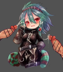 absurdres blush borrowed_character braid bukkake chameleon_tail cum cum_on_hair female female gloves green_hair hairband highres monster_girl morino831 open_mouth original penis red_eyes simple_background solo tail twitter_username white_background