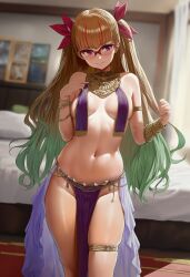 1girls abdomen ai_generated blush breasts brown_hair card cards closed_mouth dancer dancer_outfit female focus glasses gold_jewelry green_hair hi_res horny hyliop jewelry long_hair looking_at_another mature medium_breasts multicolored_hair nervous ohdo_yuamu red_hair ribbon shy solo sweat twintails voluptuous yu-gi-oh! yu-gi-oh!_sevens yuamu_ohdo