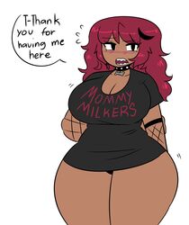 blush breasts collar female huge_breasts moxxy red_hair speech_bubble sugarkitty19 tagme thick_thighs white_background