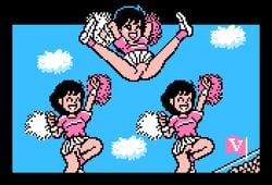 3girls arms_up ass audience bad_news_baseball black_hair blue_sky bottomless_skirt breasts cheerleader closed_eyes clothing clouds crowd cum cum_drip curvy exposed exposed_pussy female female_only flag going_commando hair happy in_air jumping large_ass large_breasts leg_lift legs legs_up multiple_girls no_panties one_eye_closed pixel_art pom_poms pussy pussy_juice saiwai_hiroshi shoes skirt skirt_lift smile socks spread_legs tecmo teeth vagina video_games wink