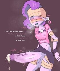 bandage bandaged_arm bandaged_head bandaged_leg blue_tongue brawl_stars closed_eyes earrings emz_(brawl_stars) futa_only futanari hands-free hands-free_ejaculation hands-free_orgasm no_touching pant panting pink_earrings pink_topwear precum purple_hair purple_haired_futa purple_nipple purple_nipples purple_skin purple_skinned_futa ready_to_burst skull skulls spontaneous_ejaculation spontaneous_orgasm steamy steamy_breath throbbing throbbing_penis trying_not_to_cum untouched