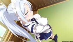 1girl 1girls absurd_res ai_assisted ai_generated anime arms_crossed ass blue_dress blue_eyes blush boobs boots breasts bubble_butt butt cleavage curvaceous curvy curvy_figure frills high_ponytail high_resolution highres hourglass_figure huge_ass huge_breasts huge_butt indoors lace-up_boots large_breasts light-skinned_female looking_down maid maid_headdress patreon patreon_logo patreon_username ponytail smile solo sylpha_langlis tensei_shitara_dai_nana_ouji_dattanode,_kimamani_majutsu_o_kiwamemasu thick_thighs thighs underboob very_long_hair veyluna voluptuous white_apron white_hair wide_hips