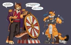 absurd_res anthro black_body black_fur blush breasts canid canine clothed clothing dialogue duo english_text female fox fur gender_transformation heartbeats hi_res inflatable_transformation loss_of_speech male mammal mid_transformation nude null orange_body orange_fur pool_toy text transformation