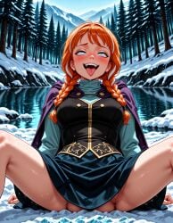 ahe_gao ai_generated anna_(frozen) arm_support ass bangs blue_eyes blue_skirt blush braid breasts cape cloak clothing day disney disney_channel disney_princess female forest freckles frozen_(film) hooded_cloak ice jousneystudio lake long_hair long_sleeves medium_breasts mountainous_horizon nature naughty_face no_panties nose_blush open_mouth orange_hair outdoors patreon pine_tree pleated_skirt purple_cape pussy_peek river rolling_eyes saliva shirt sitting skirt sky smile snot snow snowing solo spread_legs stream sweat teeth thighs tongue tongue_out tree trembling twin_braids upper_teeth_only vagina water winter