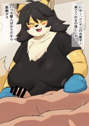 akitaka anthro big_breasts black_body black_fur black_hair bodily_fluids breasts canid canine censor_bar censored closed_eyes clothed clothing cute_fangs duo eyebrow_through_hair eyebrows faceless_character faceless_male fangs female female_focus fox fur genitals hair hi_res human human_on_anthro humanoid_genitalia humanoid_penis interspecies japanese_text kemono long_hair male male/female mammal motion_lines multicolored_body multicolored_fur penis shirt solo_focus sweat t-shirt tan_body tan_fur teeth text topwear translation_request translucent translucent_hair white_body white_fur