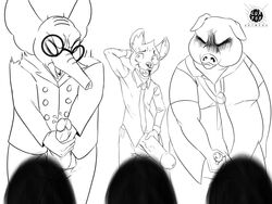 3boys 4:3 aggressive_retsuko anthro big_penis blush clothed clothing comparing comparing_penis domestic_pig elephant elephantid greyscale group haida hi_res holding_penis humanoid_penis hyaenid male male_only mammal monochrome mr_ton penis precum proboscidean reymon_comander sanrio smooth_fur spotted_hyena standing suid suina sus_(pig) vein