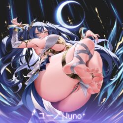 ahoge alternate_breast_size_(larger) ass bare_shoulders barefoot black_skirt blue_eyes blue_hair breasts character_name closed_mouth commentary crescent feet female fingernails from_below gold_bra head_wreath highres iuno_(wuthering_waves) jewelry large_breasts leg_wrap long_fingernails long_hair looking_at_viewer mad_kimo miniskirt partially_visible_vulva skirt soles solo thighlet thighs toenails toes twintails underboob very_long_hair wuthering_waves