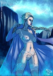 1girls blonde_hair blue_eyes breast_slip breasts clothes_removed disney elsa_(frozen) female_only frozen_(film) garters hands_up jewelry lingerie lipstick lordnicomic makeup necklace nipples pubic_stubble pussy see-through shirt solo solo_female spandex thighhighs uncensored underwear white_shirt