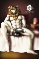 anthro balls felid half-erect hi_res humanoid_penis lion looking_at_viewer male male_only mammal muscular muscular_male nipples nude pantherine penis reymon_comander sitting solo spread_legs spreading uncut vein