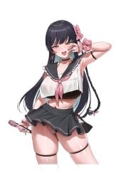 absurdres arm_at_side armpits black_bra black_hair black_sailor_collar black_skirt blue_nails bow bra breasts chochomi collarbone commentary crop_top crop_top_overhang cropped_legs fake_nails female fingernails hairbow hand_up heart heart_sticker highres holding holding_microphone large_breasts long_fingernails long_hair looking_at_viewer microphone microskirt mole mole_under_eye navel neckerchief open_mouth orange_eyes original panty_straps pearl_thong pink_bow pink_neckerchief revealing_clothes sailor_collar shirt simple_background skindentation skirt sleeveless sleeveless_shirt smile solo sticker sticker_on_face straight_hair swept_bangs thigh_strap underwear white_background white_shirt wrist_bow