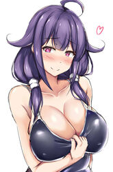 big_breasts blush female kantai_collection long_hair looking_at_viewer pink_eyes purple_hair smile swimsuit taigei_(kantai_collection) terakoya white_background