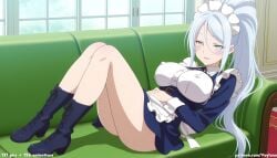 1girl 1girls absurd_res ai_assisted ai_generated anime ass blue_dress blue_eyes blush boobs boots breasts bubble_butt butt cleavage curvaceous curvy curvy_figure frills hand_on_own_stomach high_ponytail high_resolution highres hourglass_figure huge_ass huge_breasts huge_butt indoors lace-up_boots large_breasts legs_up light-skinned_female looking_at_viewer maid maid_headdress on_sofa patreon patreon_logo patreon_username ponytail reclining smile solo sylpha_langlis tensei_shitara_dai_nana_ouji_dattanode,_kimamani_majutsu_o_kiwamemasu thick_thighs thighs very_long_hair veyluna voluptuous white_apron white_hair wide_hips window
