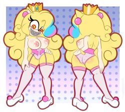 anthro big_breasts blonde_hair breasts clothing corset crown demichan digital_media_(artwork) ear_piercing fan_character female hair hair_dye headgear hi_res legwear lingerie looking_at_viewer nipples panties piercing possession princess_(eggbot15) rear_view sega smile solo sonic_the_hedgehog_(series) stockings topwear underwear