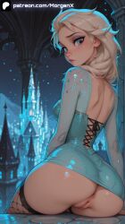 ai_generated anus ass back blue_eyes blush closed_mouth disney disney_channel disney_princess elsa_(frozen) female female_only from_behind frozen_(film) looking_at_viewer looking_back medium_breasts morganx no_panties pussy sitting vagina