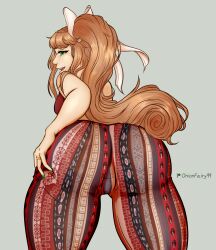 1girl brown_hair forbidden_pants green_eyes hair_bow long_hair onionfairy99 presenting_ass rear_view tagme