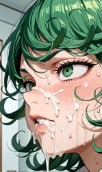 ai_generated bored cum cum_in_mouth cum_on_face facial female green_eyes green_hair one-punch_man tatsumaki teeth