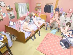 4girls absurdres analog_clock aqua_bra bag bar_censor bed bedroom blush bow bowtie bra bra_lift breasts breasts_apart brown_hair censored chest_of_drawers clock closed_eyes commentary_request curtains dildo excessive_pussy_juice female female_masturbation fingering grey_hair grey_skirt grey_socks group_masturbation head_back highres indoors legs_apart lemontyoisy_r18 long_hair masturbation medium_breasts medium_hair motion_blur motion_lines multiple_girls navel nipples no_shoes on_bed on_floor open_clothes open_mouth open_shirt original panties petite pink_bra pink_panties pussy pussy_juice red_bow red_bowtie rug school_bag sex_toy shirt short_hair sidelocks sitting skirt small_breasts socks sound_effects speech_bubble spread_legs stomach straight_hair stuffed_animal stuffed_toy table thighhighs torogao translation_request underwear unworn_bowtie unworn_bra unworn_panties unworn_shirt unworn_skirt wet wet_clothes wet_panties wet_spot white_shirt window yellow_bra yellow_panties