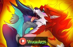 animal_ears blue_eyes blue_fire breathing_fire burning campfire charizard embers explosion fangs fiery_hair fiery_wings fire flame fox_ears furry molten_rock open_mouth orange_sky pyrokinesis red_hair solo sun tail-tip_fire teeth tongue