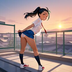 ai ai_generated dusk female female_only girl nemona_(pokemon) pokemon pokemon_sv school_uniform schoolgirl see-through see-through_clothing see-through_shirt small_breasts sunset