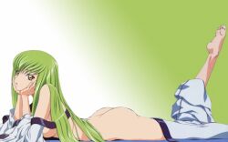 ass_focus bare_shoulders barefoot c.c. code_geass edit female_only female_solo green_hair partially_clothed yellow_eyes