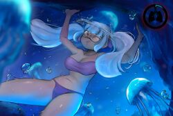 1girls big_breasts bikini black_clover breasts cave cleavage drowning female freediving kronworld navel noelle_silva peril purple_bikini purple_swimsuit solo strapless strapless_bikini swimsuit underwater underwater_peril water