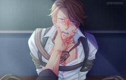 after_blowjob after_oral almond_cookie ambiguous_consent arms_behind_back arms_tied artist_name blue_eyes blush bound_arms cookie_run cookie_run_kingdom cum cum_on_face digital_art digital_media digital_media_(artwork) flustered fully_clothed holding_face implied_blowjob implied_oral looking_at_viewer looking_up male male_focus male_only rope source_request tears tears_in_eyes unseen_character