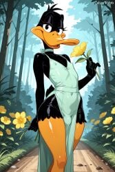 1boy ai_generated bulge crossdressing daffy_duck duck femboy furry green_dress holding_flower looney_tunes outdoors self_upload skin_tight yaoi zelum_vulpis