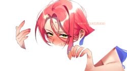 2girls alien_stage blue_hair blush cunnilingus holding_hands mizi_(alien_stage) negative_space negative_space_cunnilingus_(meme) pink_hair pink_nails pussy_juice sfw_illustration_(meme) sua_(alien_stage) two-tone_hair watthespices yellow_eyes yuri