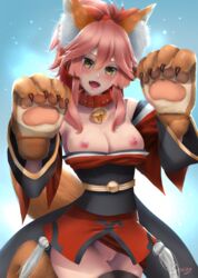 1girls animal_ears bare_shoulders bell bell_collar black_legwear blush bottomless breasts breasts_out collar fangs fate/grand_order fate_(series) female fox_ears fox_tail gloves hair_ribbon japanese_clothes jingle_bell long_hair looking_at_viewer open_mouth paw_gloves paws pink_hair ponytail pussy red_ribbon ribbon smile solo svikey tail tamamo_cat thighhighs yellow_eyes