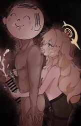 1boy anniu_(user_vemd7787) black_pantyhose blonde_hair blue_archive blush breast_press breasts clothed_female_nude_male cum doodle_sensei_(blue_archive) ejaculation erection female fluffy_hair from_side green_eyes hair_intakes halo handjob heart highres long_hair nipples nude open_mouth pantyhose penis professor_niyaniya_(blue_archive) profile reach-around sensei_(blue_archive) sidelocks small_breasts standing steam sweat thighband_pantyhose tongue tongue_out topless_female translation_request yellow_halo