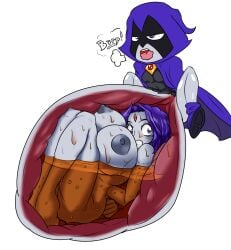 2girls belly belly_bulge big_belly big_breasts blue_hair breasts burp burping dc dc_comics female female_pred female_prey grey_skin huge_belly huge_breasts internal jim_sugomi multiple_girls nipples raven_(dc) same_size_vore stomach teen_titans teen_titans_go vore x-ray