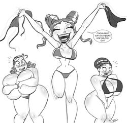 3girls aeolus06 bbw bimbo bottomless creature_from_the_lake female fol'amor freckles gigantic_breasts hourglass_figure human hyper_breasts large_breasts monochrome parenthesis parenthesis_humor princess_(fol'amor) shelby_(creature_from_the_lake) topless