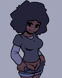 afro allewdbruh black_girl black_hair blush blush booty_shorts carol_(bbpanzu) clothed dark-skinned_female friday_night_funkin friday_night_funkin_mod oofts pussy pussy_peek smile smiling smiling_at_viewer thighs