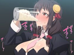 1girls blush breasts cum cum_in_cup cum_overflow drinking drinking_cum kono_subarashii_sekai_ni_shukufuku_wo! pink_necktie tedain upper_body yunyun_(konosuba)