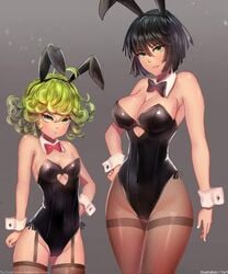 2girls black_hair breasts bunnysuit cleavage female female_only fubuki_(one-punch_man) green_eyes green_hair human large_breasts multiple_girls navel one-punch_man pantyhose sideboob small_breasts tatsumaki yur1rodrigues