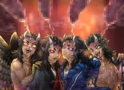 4boys aizetsu aokikkong black_hair blowjob blue_eyes blue_sclera cum cum_in_mouth cum_on_face demon demon_boy demon_horns demon_humanoid demon_slayer dominant dominant_male domination green_eyes green_sclera hantengu heart-shaped_pupils horny horny_male japanese japanese_clothes japanese_clothing japanese_male karaku kimetsu_no_yaiba long_bangs long_hair long_hair_male male male_focus male_only male_penetrating muscles muscular muscular_male pointy_ears red_eyes red_sclera sekido sharp_teeth submissive submissive_male tan-skinned_male tan_skin tongue tongue_out upper_moon urogi yaoi yellow_eyes yellow_sclera