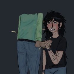 biting_lip black_eyes black_eyeshadow black_hair black_nails blush clothed cuffs fangs gauged_ear handjob heart-shaped_pupils ignacio_(spooky_month) long_hair male_only nose_piercing original_character spooky_month