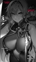 black_and_white condom condom_wrapper covered_in_sweat cum cum_in_mouth cum_on_face dialogue elf elf_ears enjoying headband hidden_sex highres huge_breasts implied_sex large_breasts licking_lips male_rover_(wuthering_waves) massive_breasts nanatsuichi pubic_hair ribbon rover_(wuthering_waves) sweat wuthering_waves yinlin_(wuthering_waves)