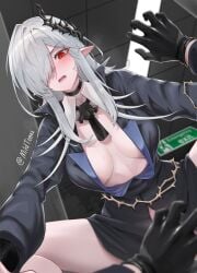 1boy 1girls arknights blush choker doctor_(arknights) elf_ears female female_on_top gladiia_(arknights) hair_over_one_eye implied_sex large_breasts male mildt office office_clothing office_lady on_floor open_mouth pov pushed_down red_eyes shirt_open thighhighs white_hair